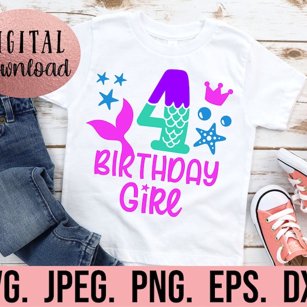 Mermaid 4th Birthday SVG - Under The Sea Fourth Birthday Shirt SVG - Digital Download - Four Birthday Girl Design - Cricut Cut File PNG