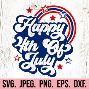 May include: A blue and white graphic with the text "Happy 4th of July" in a retro font. The graphic is surrounded by red, white, and blue stripes and stars.