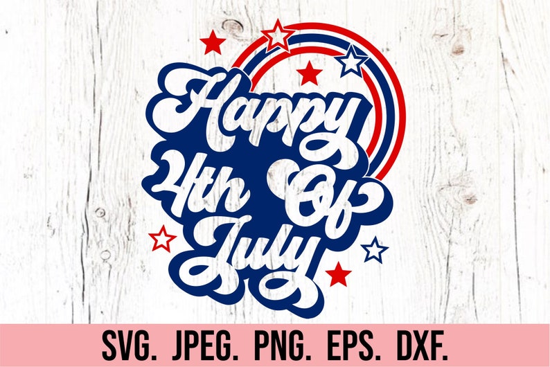 May include: A blue and white graphic with the text "Happy 4th of July" in a retro font. The graphic is surrounded by red, white, and blue stripes and stars.