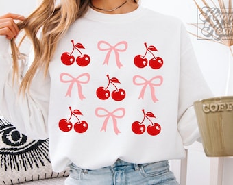 Coquette Cherries Ribbon Bows SVG PNG - Cricut Instant Download - Valentine's Day Design - Retro Heart Valentine Shirt For Girls