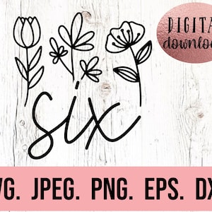Six SVG - zesde verjaardag SVG - meisje 6e verjaardag - digitale download - verjaardag meisje ontwerp - Cricut gesneden bestand PNG - Floral Six Clipart