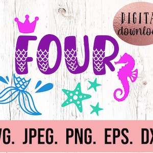 Meerjungfrau vierter Geburtstag SVG - Unter dem Meer SVG - 4.Geburtstag Shirt - Digital Download - Vier Geburtstagskind Design - Cricut Datei PNG