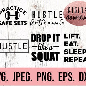Fitness SVG-paket - direkt nedladdning - Cricut Cut-fil - Hustle For The Muscle - Drop It Lie A Squat - Gym svg - Motiverande png - träning bild 1