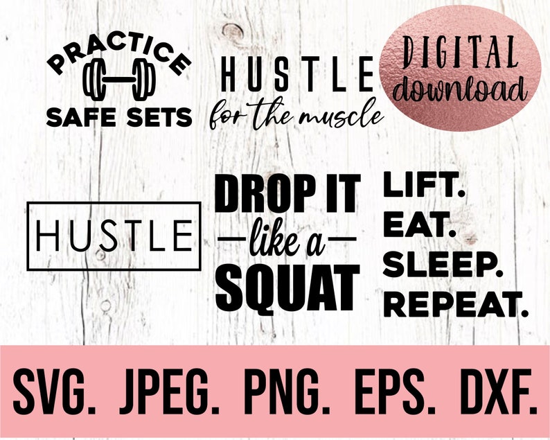 Fitness SVG-paket - direkt nedladdning - Cricut Cut-fil - Hustle For The Muscle - Drop It Lie A Squat - Gym svg - Motiverande png - träning bild 1