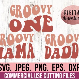 May include: Digital download of two SVG files featuring the text "Groovy Mama" and "Groovy Daddy" in a retro 70s style font. The text is in shades of pink and red.