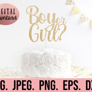 May include: Gold glitter cake topper with the text "Boy or Girl?" on a white cake with white frosting.