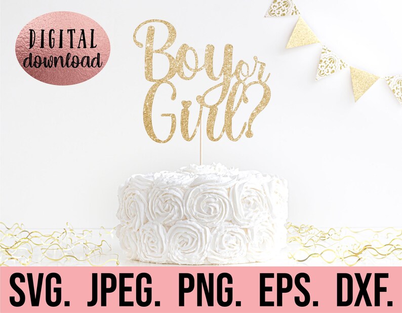 May include: Gold glitter cake topper with the text "Boy or Girl?" on a white cake with white frosting.