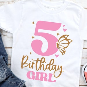 Niña de 5.º cumpleaños SVG - Cinco SVG - Mariposa de 5.º cumpleaños SVG - Descarga digital - Niña de cumpleaños elegante - Archivo de corte Cricut - Hola cinco