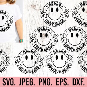 Zurück zu Schule SVG Bundle - Hallo Grundschule SVG - Retro Erster Schultag - Cricut-Datei - Smiley glückliches Gesicht Hallo Erster Schultag