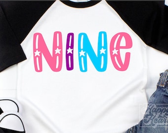 Niña de 9.º cumpleaños SVG PNG - Nube Nueve SVG - Noveno cumpleaños SVG - Descarga digital de Cricut - Diseño de niña de cumpleaños - Diseño de camiseta de Hello 9