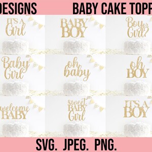 May include: Nine gold glitter baby cake toppers with different phrases, including "It's a Girl", "Baby Boy", "Boy or Girl?", "Baby Girl", "Oh Baby", "Oh Boy", "Welcome Baby", "Sweet Baby Girl", and "It's a Boy".