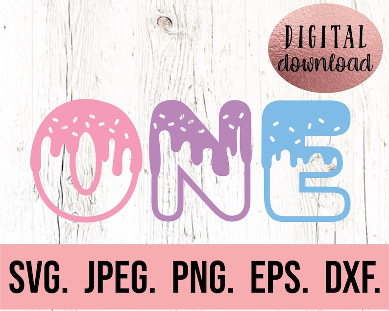 May include: A digital download of a graphic design featuring the word "ONE" in pink, purple, and blue with white sprinkles and dripping icing. The design is perfect for a first birthday party.