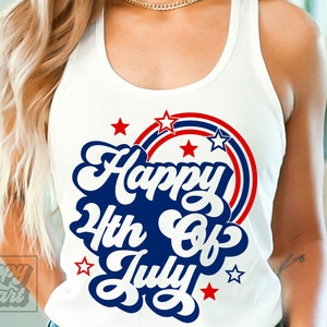 May include: White tank top with a blue and red graphic that says "Happy 4th of July" with stars and red and blue stripes.