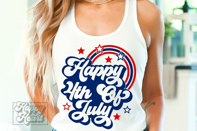 May include: White tank top with a blue and red graphic that says "Happy 4th of July" with stars and red and blue stripes.