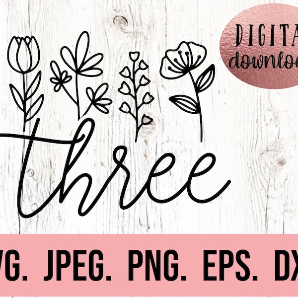 Three SVG - Third Birthday SVG - 3rd Birthday Girl - Digital Download - Birthday Girl Design - Cricut Cut File PNG - Floral Three Clipart