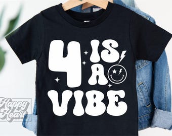 May include: Black t-shirt with white text that says "4 is a vibe" in a retro font. The number 4 is large and the rest of the text is smaller. There is a smiley face with lightning bolts for eyes next to the word "a".