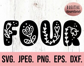 Puede incluir: Diseño floral en blanco y negro de la palabra "CUATRO" sobre un fondo blanco. SVG, JPEG, PNG, EPS, DXF.