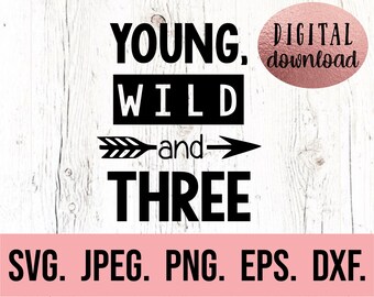 May include: Black and white graphic design with the text "YOUNG, WILD and THREE" with an arrow pointing to the right. The text is on a white wood background with the words "DIGITAL download" in pink text.