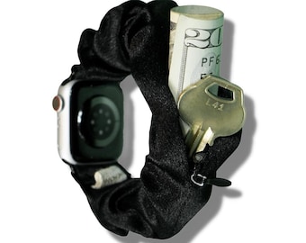 Zipper Pocket Scrunchy Apple Watch Band Compatible with SE & All Series 38/40/41/42/44/45mm Satin Fabric, Store Keys, Cash (Satin Black)