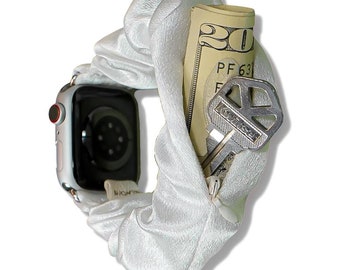 Zipper Pocket Scrunchy Apple Watch Band Compatible with SE & All Series 38/40/41/42/44/45mm Satin Fabric, Store Keys, Cash (Satin White)