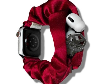 Zipper Pocket Scrunchy Apple Watch Band Compatible with SE & All Series 38/40/41/42/44/45mm Satin Fabric, Store Keys, Cash (Satin Red)