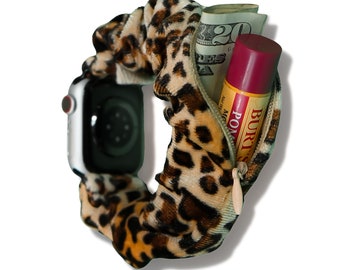 Zipper Pocket Scrunchy Apple Watch Band Compatible with SE & All Series 38/40/41/42/44/45mm Satin Fabric, Store Keys, Cash (Velvet Leopard)