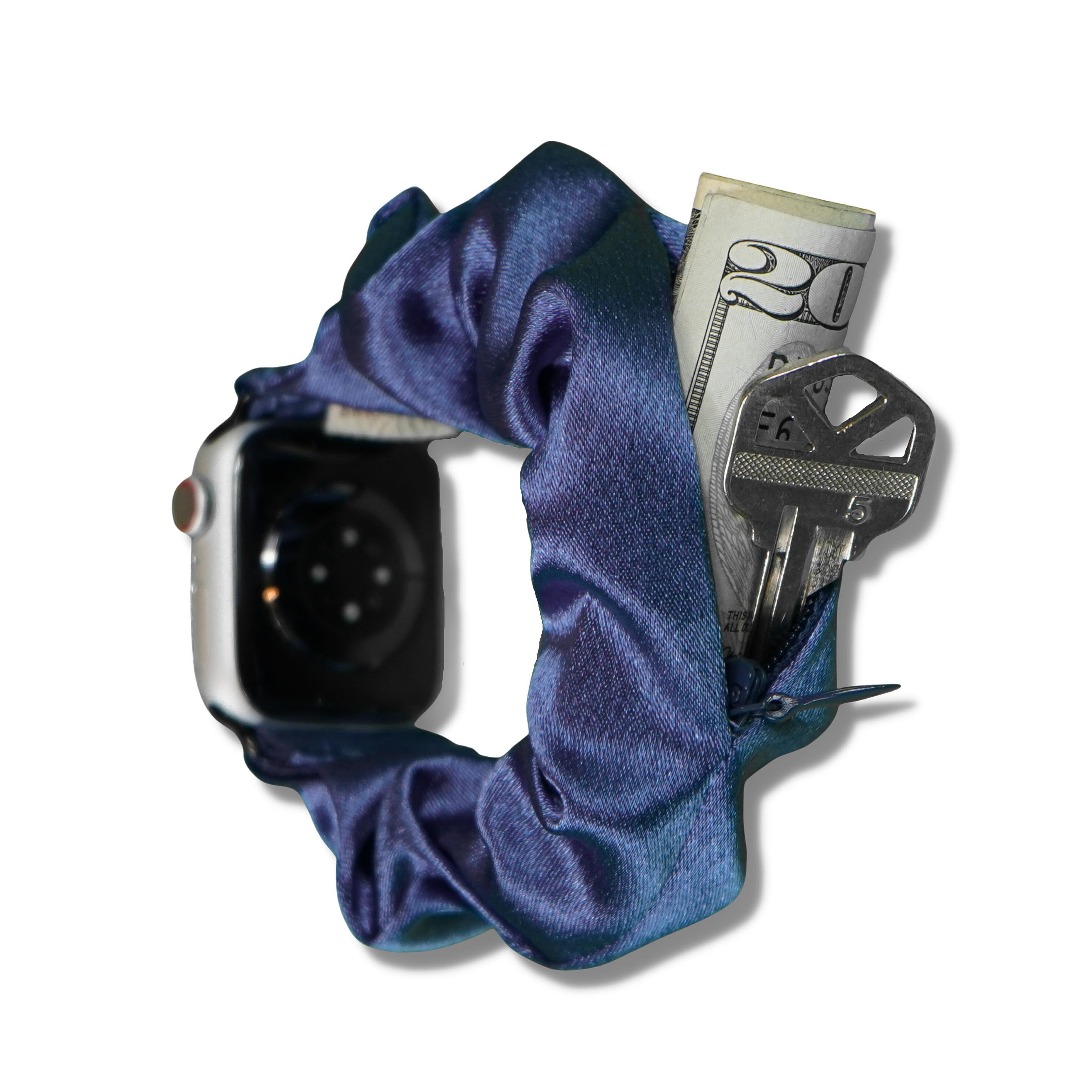 Zipper Pocket Scrunchy Apple Watch Band Compatible with SE & All Series 38/40/41/42/44/45mm Satin Fabric, Store Keys, Cash (Satin Blue)