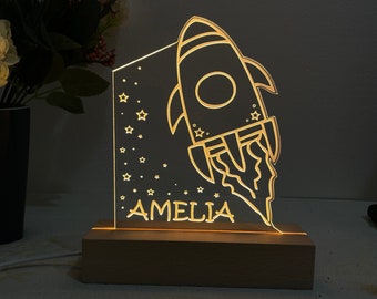 Custom Night Light Rocket, Nursery Decor, Anniversary Gift, Kids Room Decor, Newborn Gifts, Baby Gift with Name, Sleep Light 3D Lamp