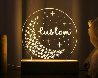 Personalisiertes Nachtlicht mit Mond und Sternen - Geschenk für Mädchen - Kinderzimmer Dekor - Namenslicht