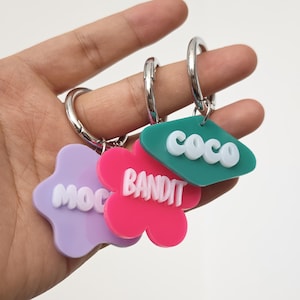 May include: Three colorful pet tag keychains. One is lavender with the name "MOC", one is pink with "BANDIT", and the last is teal with "COCO". Each tag has a silver metal ring.
