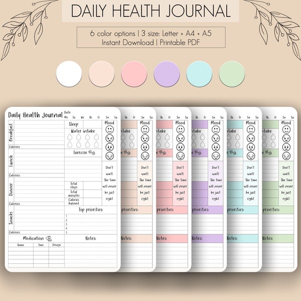 Daily Health Journal •  Daily Food Journal • Medication  & Vitamins Tracker • PDF Printable Journal • Calorie Tracker •  A4/A5/Letter • 2024