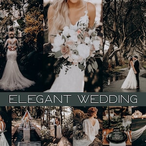 Puede incluir: Una colección de fotos de boda con una novia y un novio en diferentes escenarios. Las fotos muestran un tema romántico y elegante con vegetación exuberante, un vestido de novia blanco y un ramo de flores blancas y rosas.