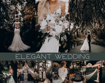 May include: A collection of wedding photos featuring a bride and groom in various settings. The photos showcase a romantic and elegant theme with lush greenery, a white wedding dress, and a bouquet of white and pink flowers.