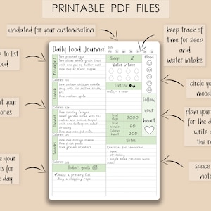 May include: Printable daily food journal planner with sections for breakfast, lunch, dinner, snacks, sleep, water intake, exercise, mood, and notes. The planner is green and white with a heart icon and a checkmark icon.
