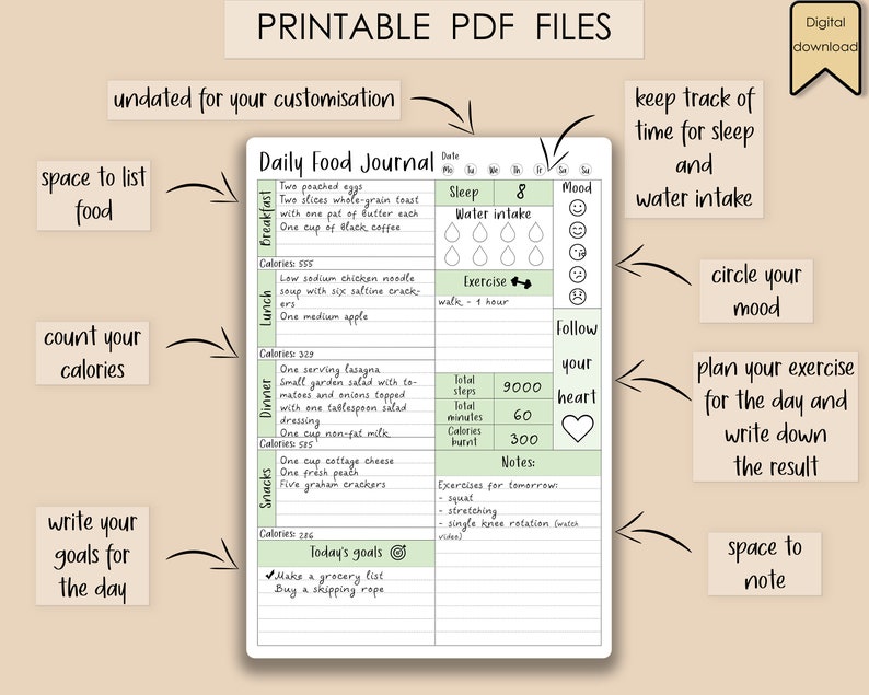 May include: Printable daily food journal planner with sections for breakfast, lunch, dinner, snacks, sleep, water intake, exercise, mood, and notes. The planner is green and white with a heart icon and a checkmark icon.
