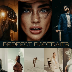 Puede incluir: Un collage de seis retratos con diferentes personas en varios escenarios. Los retratos tienen un estilo similar, con una paleta de colores suaves y cálidos y un enfoque en los ojos del sujeto. El texto "PERFECT PORTRAITS" se muestra en una fuente dorada en la parte superior del collage.