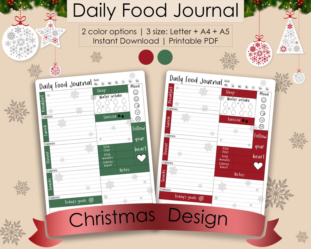 Christmas Daily Food Journal | Calorie Tracker, Weekly Planner | PDF ...