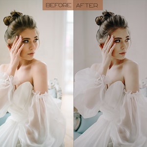 May include: A side view of a bride wearing a white off-the-shoulder wedding dress with large, puffy sleeves. The bride has her hair pulled back in a bun and is holding her hand to her face.