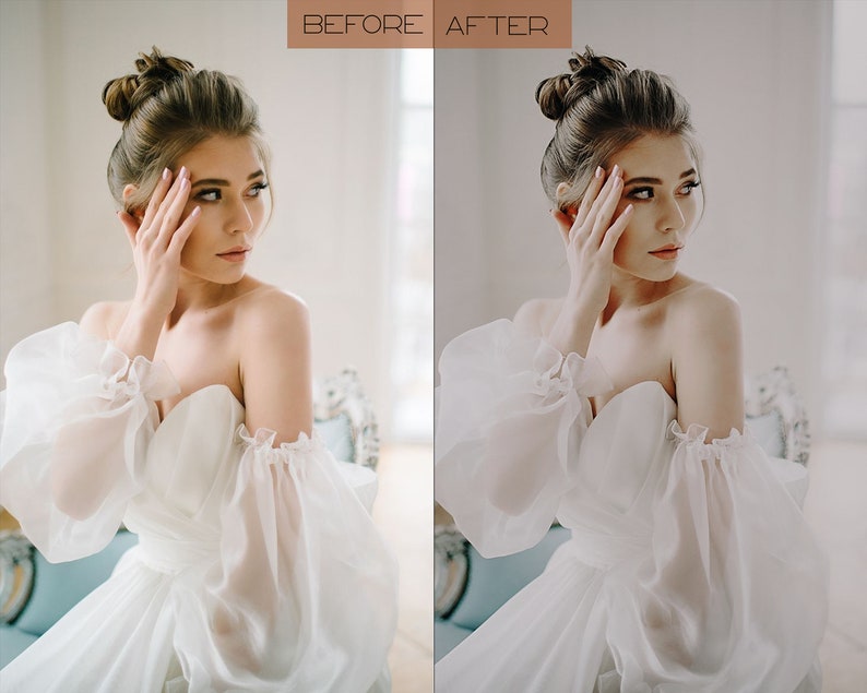 May include: A side view of a bride wearing a white off-the-shoulder wedding dress with large, puffy sleeves. The bride has her hair pulled back in a bun and is holding her hand to her face.