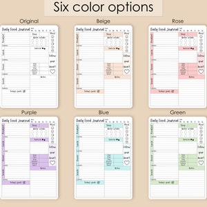 May include: Six printable daily food journal templates in different colors: original, beige, rose, purple, blue, and green. Each template includes sections for sleep, water intake, exercise, meals, calories, total steps, total calories, heart rate, notes, and today's goals.