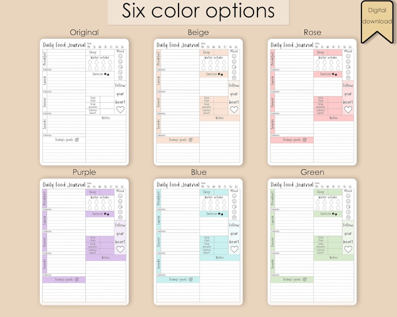 May include: Six printable daily food journal templates in different colors: original, beige, rose, purple, blue, and green. Each template includes sections for sleep, water intake, exercise, meals, calories, total steps, total calories, heart rate, notes, and today's goals.