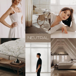 May include: A collage of images showcasing a neutral colour palette. The images include a woman wearing a white dress, a woman wearing a white top, a man wearing a black shirt, a bicycle, a plant, and a bedroom with a bed and a white ceiling.