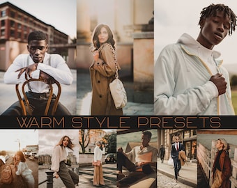 May include: A collage of images featuring people wearing different styles of clothing in urban settings. The images are edited with a warm color palette and the text "WARM STYLE PRESETS" is displayed at the bottom.