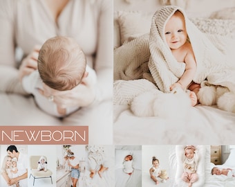 May include: A collage of images featuring newborns in various poses, including a baby wrapped in a white blanket, a baby sitting on a bed, and a baby being held by a parent. The images are all in a soft, natural light and have a warm, inviting feel. The word "NEWBORN" is displayed in a pink and white font at the bottom of the collage.