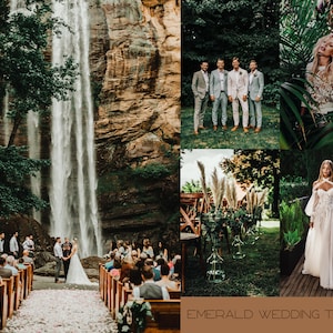 Puede incluir: Una ceremonia de boda que tiene lugar en un exuberante bosque verde con una cascada de fondo. La novia y el novio están de pie en el altar, rodeados de invitados. La ceremonia está decorada con vegetación y flores blancas. El texto "EMERALD WEDDING TONES" se muestra en la parte inferior de la imagen.