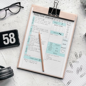 May include: A daily food journal with sections for breakfast, lunch, dinner, and snacks. The journal includes space to track sleep, water intake, mood, exercise, total steps, total minutes, calories burned, and notes. The journal also includes a section for today's goals and exercises for tomorrow.
