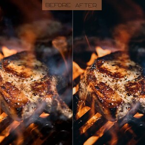 May include: A close-up of a pork chop being grilled over an open flame. The chop is cooked to a golden brown and has a crispy exterior. The flames are visible beneath the chop, creating a dramatic effect.