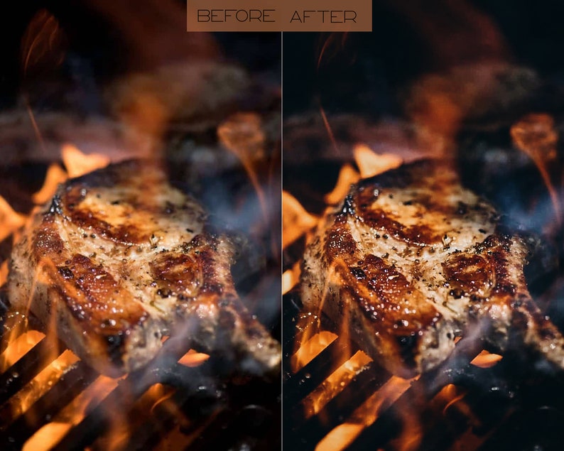 May include: A close-up of a pork chop being grilled over an open flame. The chop is cooked to a golden brown and has a crispy exterior. The flames are visible beneath the chop, creating a dramatic effect.