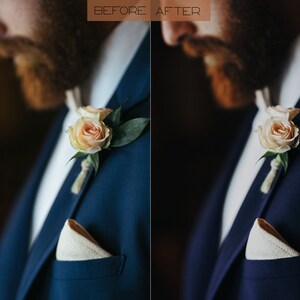 May include: A close-up of a man wearing a navy blue suit jacket with a white pocket square and a single peach-coloured rose boutonniere.