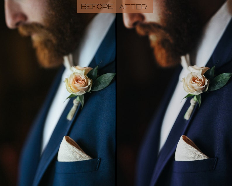 May include: A close-up of a man wearing a navy blue suit jacket with a white pocket square and a single peach-coloured rose boutonniere.